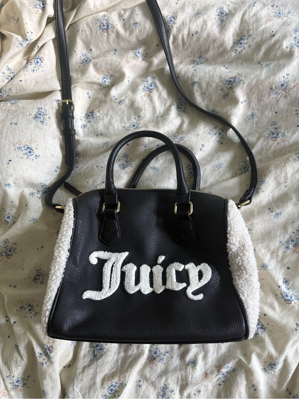 Juicy Couture Black Satchel with White Sherpa Logo Trim